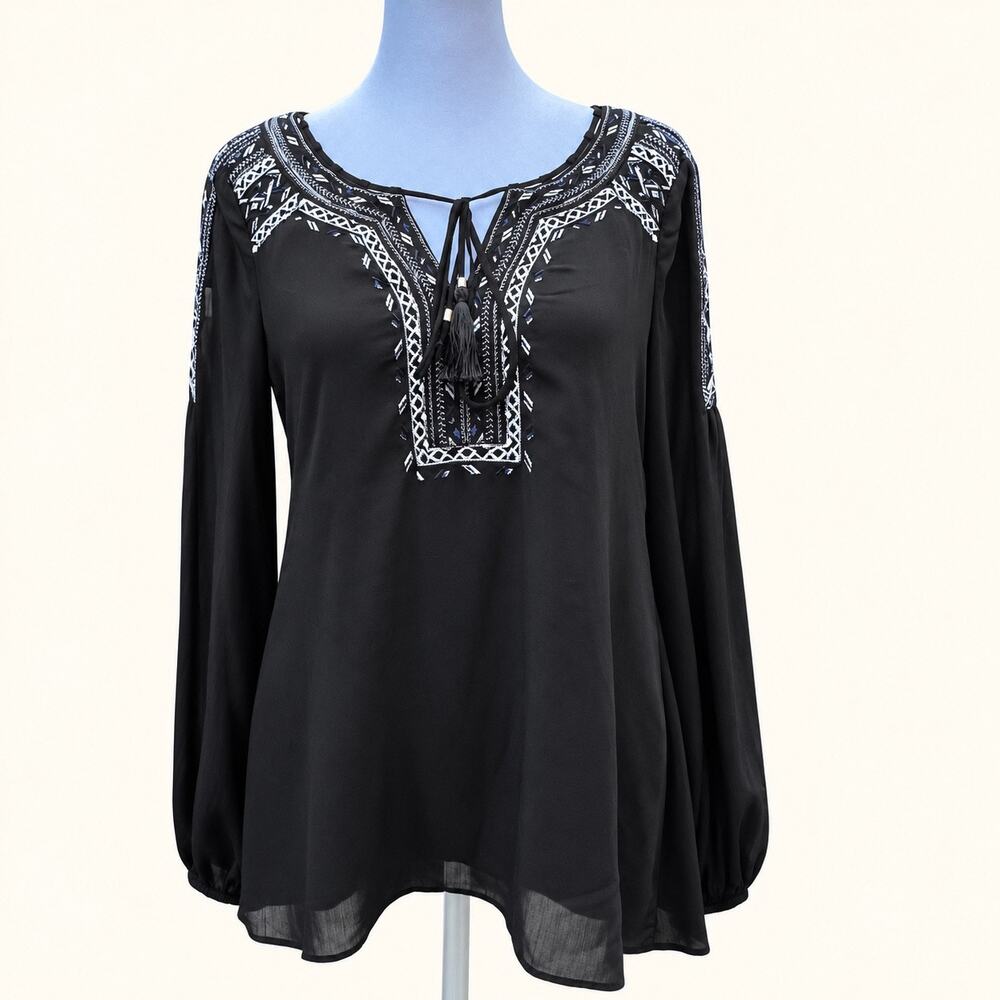 White House Black Market Size 0 Black Embroidered Boho Tunic Blouse Tassel Tie